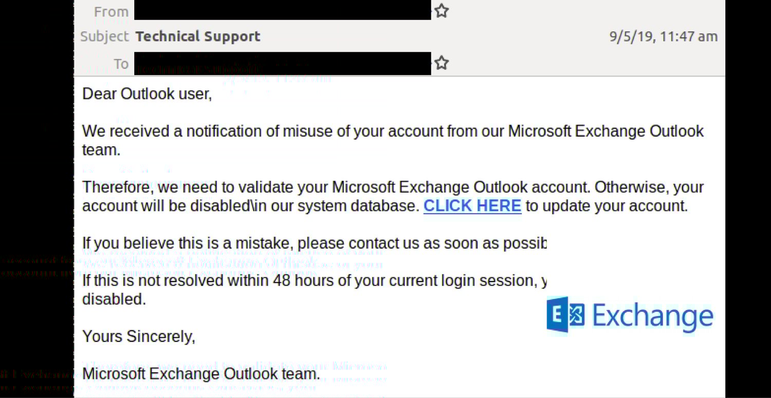 Generic email spoofs Microsoft Exchange; delivers phishing attack